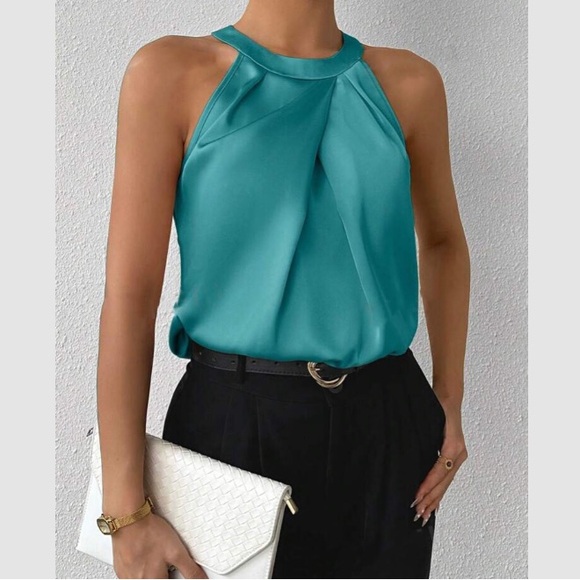 Luxe teal blue pleated satin blouse